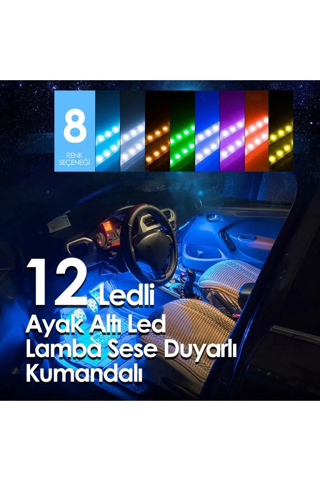 12 LED Ayak Altı RGB Aydınlatma Seti – Sese ve Müziğe Duyarlı Kumandalı Oto İç Ambiyans Işık