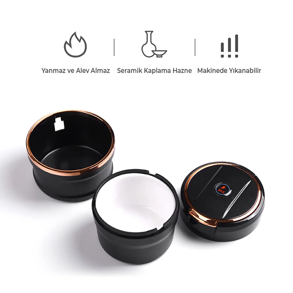 Universal LED Işıklı Yanmaz Porselen Oto Küllük – Kapaklı Dumansız Araba Küllüğü Siyah Gold