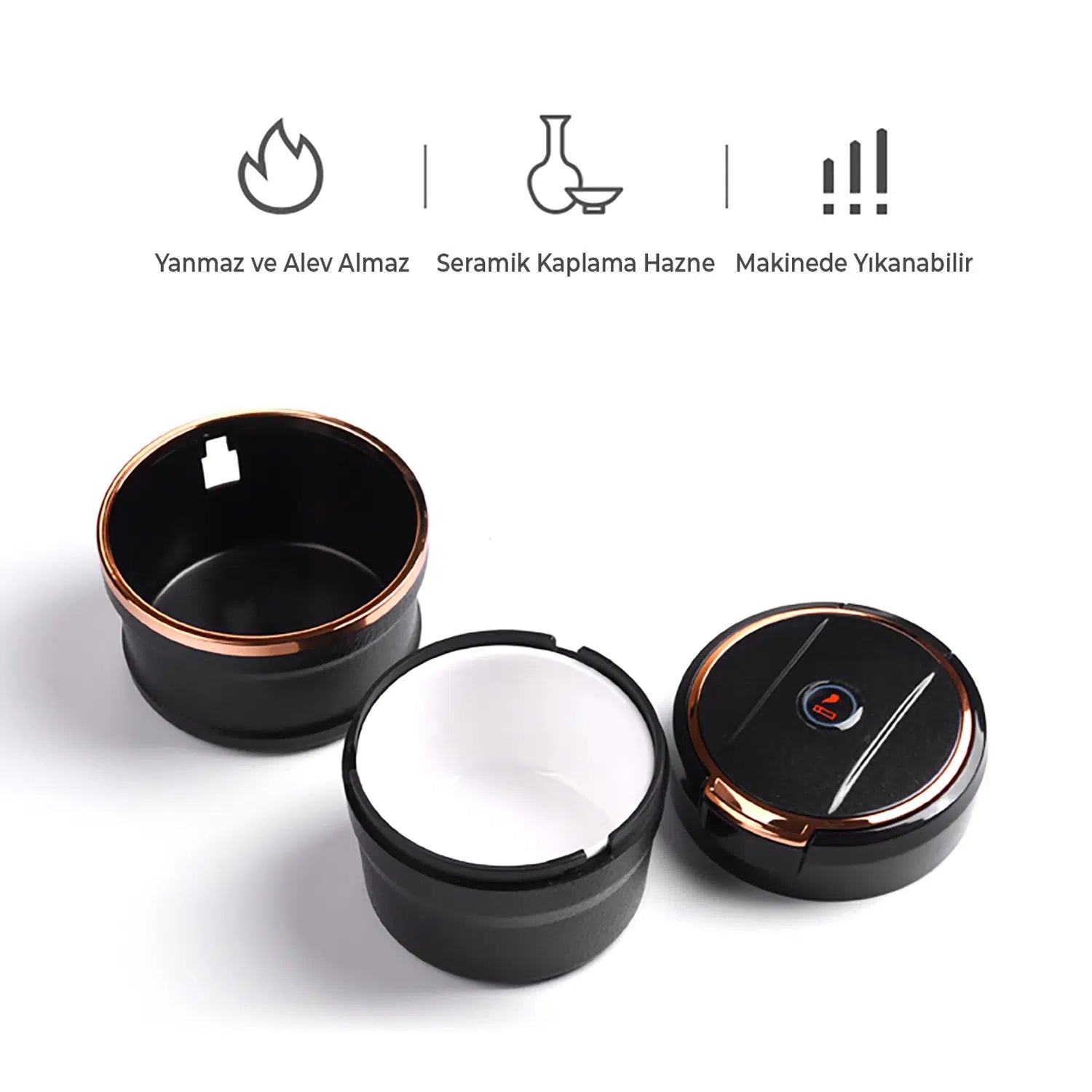 Universal LED Işıklı Yanmaz Porselen Oto Küllük – Kapaklı Dumansız Araba Küllüğü Siyah Gold