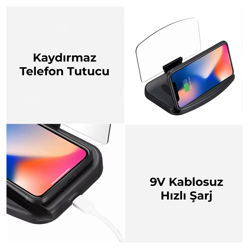 FR-425 Qi Kablosuz Şarjlı HUD Telefon Tutucu – Navigasyon Araç Ekranı Yansıtmalı Stand