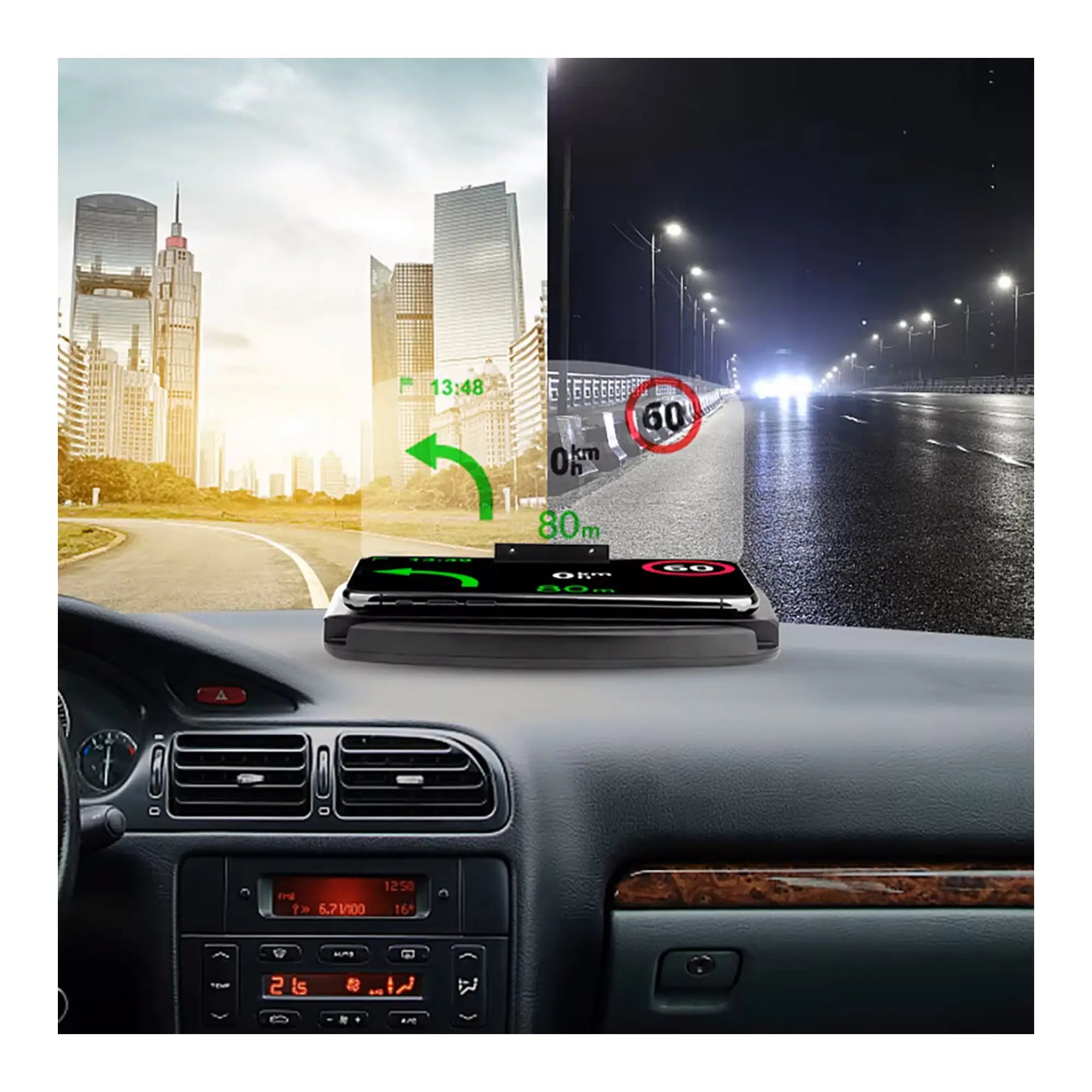 FR-425 Qi Kablosuz Şarjlı HUD Telefon Tutucu – Navigasyon Araç Ekranı Yansıtmalı Stand