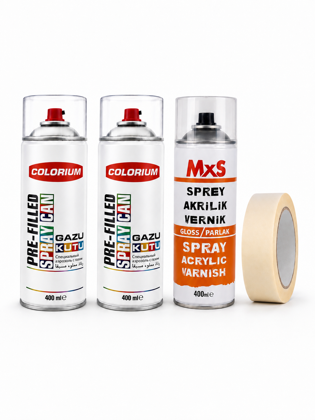 Rötuş sprey seti içeriği — iki adet 400 ml Colorium sprey kutusu, MxS akrilik vernik ve maskeleme bandı