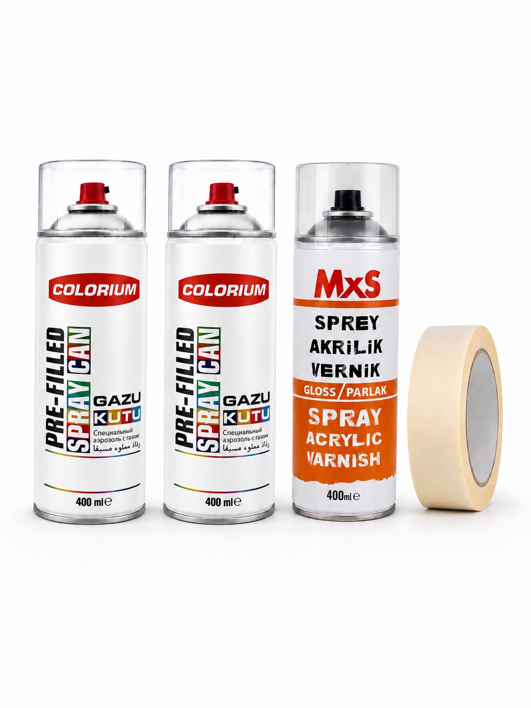 Rötuş sprey seti içeriği — iki adet 400 ml Colorium sprey kutusu, MxS akrilik vernik ve maskeleme bandı