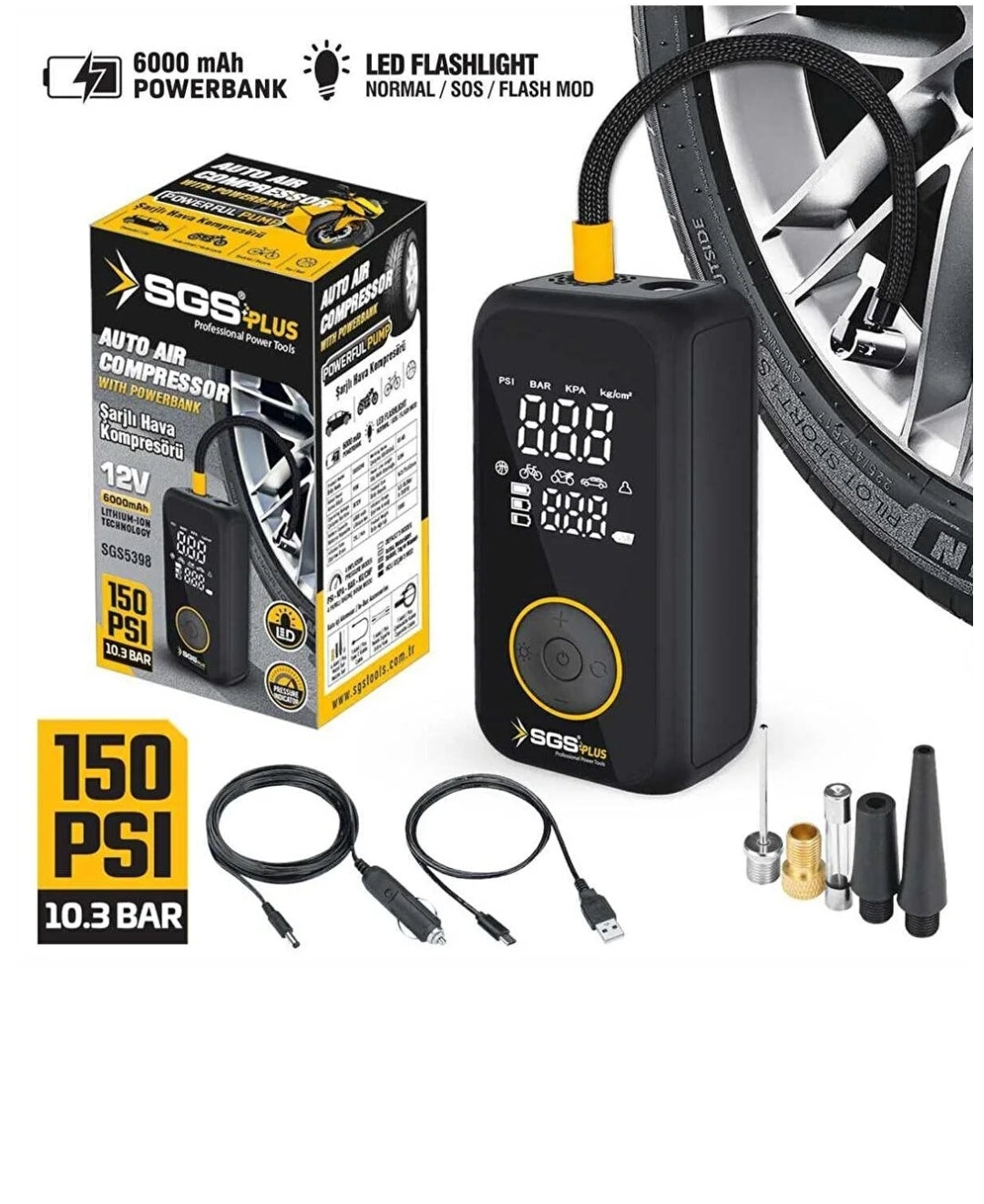 SGS Şarjlı Hava Kompresörü Dijital 12V 6.0 Ah (150 PSI)