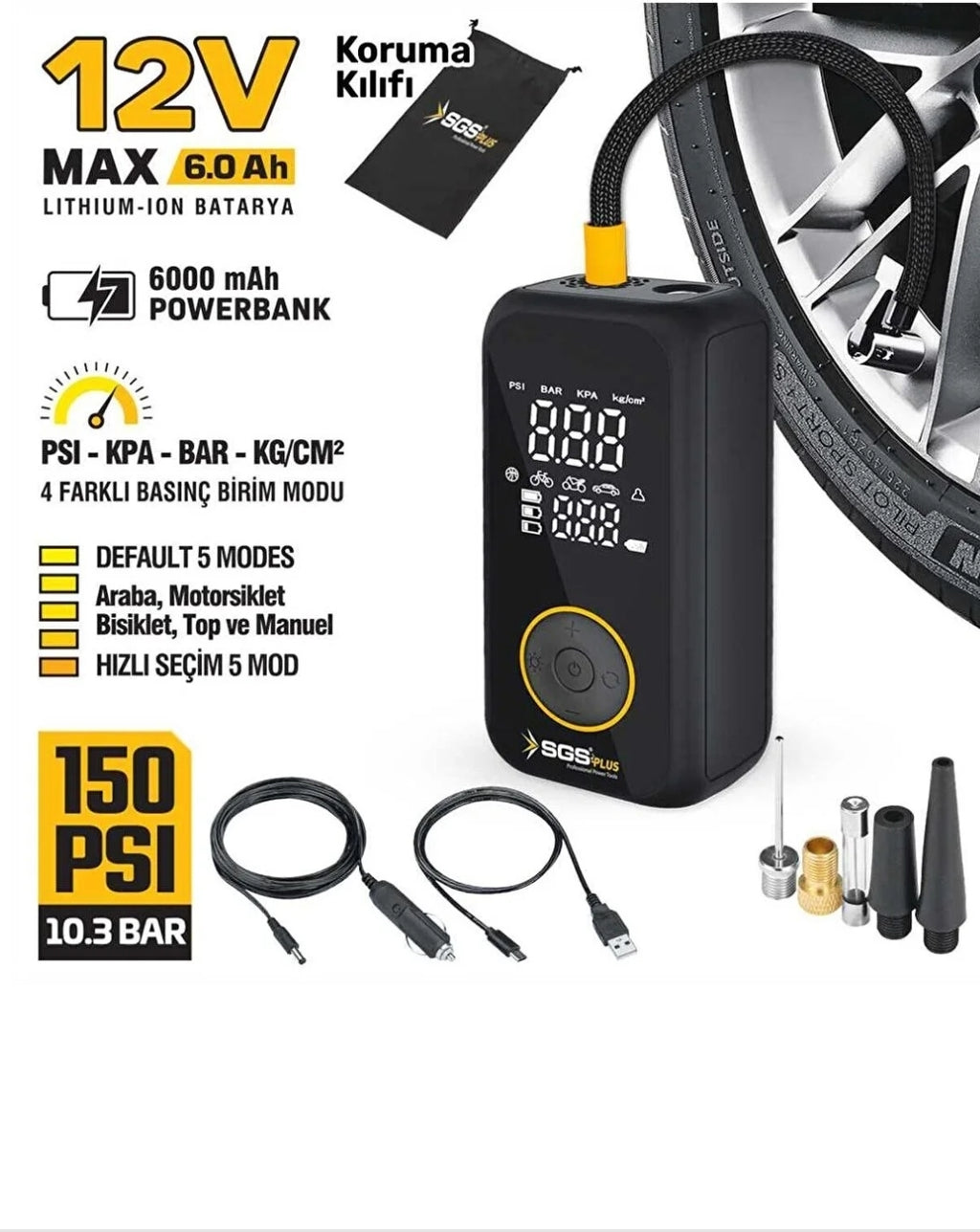 SGS Şarjlı Hava Kompresörü Dijital 12V 6.0 Ah (150 PSI)